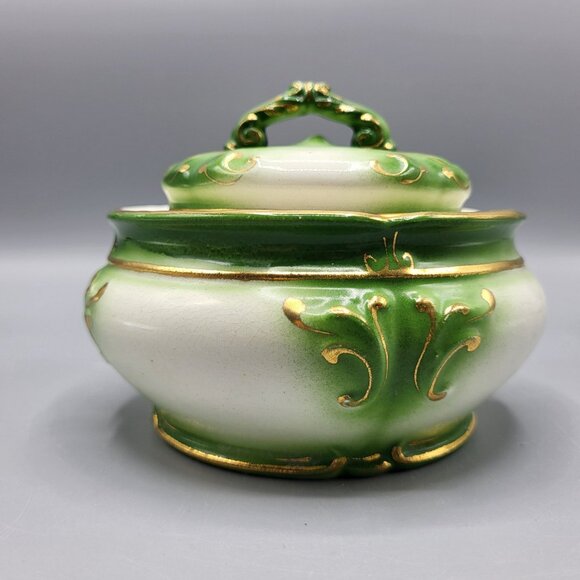 Vintage Ceramic Lidded Pot Jar Flower Frog Emerald Green Gold Accents Home Decor - Picture 9 of 11